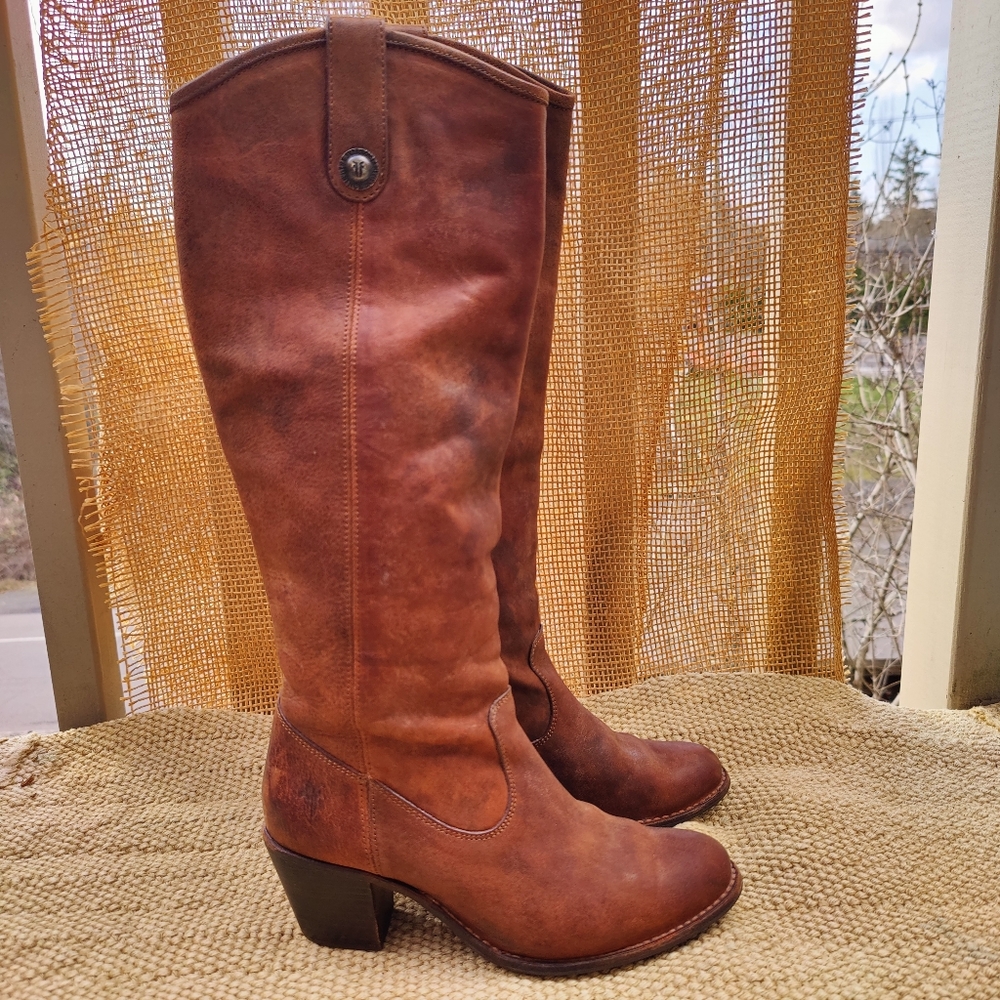 Frye Jackie Button Knee High Boots Distressed Brown Leather #76575 Size 5.5 B